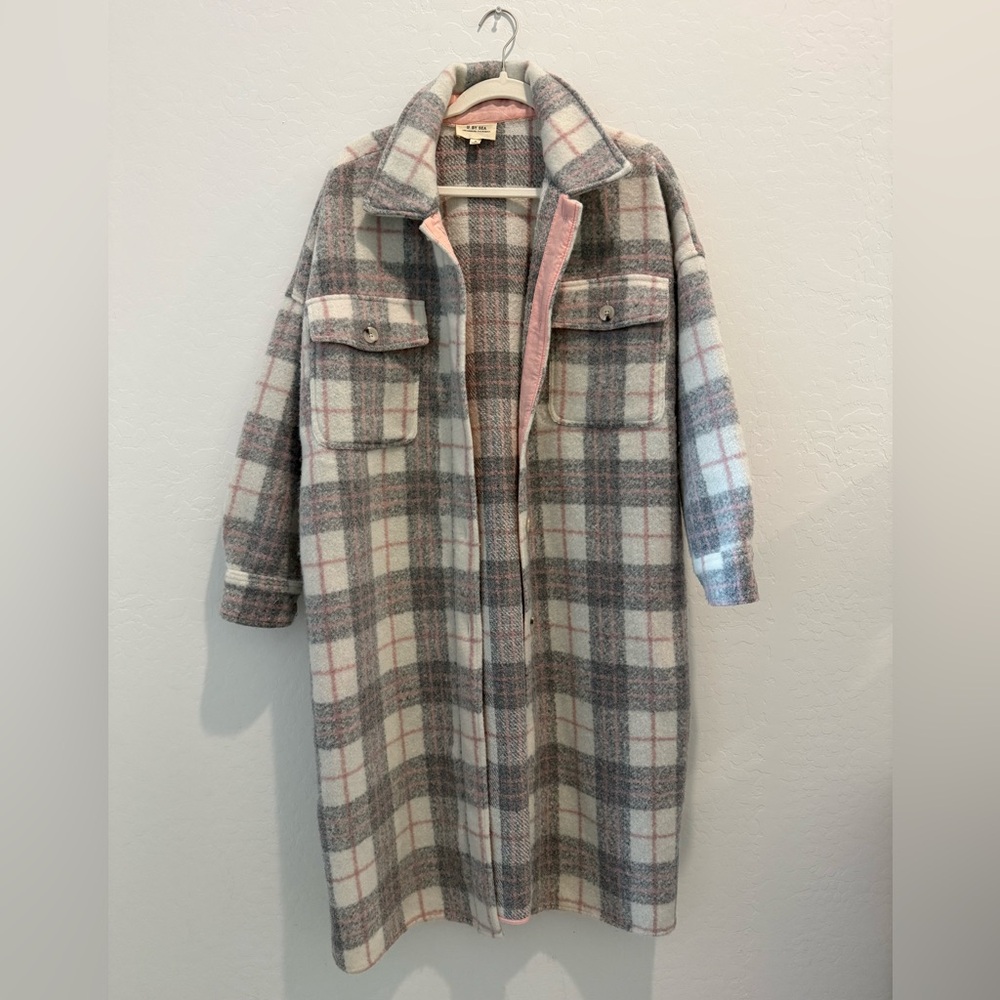 Women’s Plaid Teddy Peacoat Button Up Jacket - Gray and Pink Anthropologie NWT